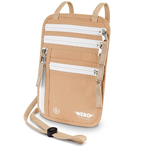 HERO Neck Wallet - RFID Blocking Passport Holder, Easy to Conceal and Pouch (Beige)
