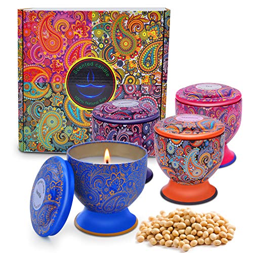 Enamorare Scented Candles Natural Soy Wax Portable Travel 4 Oz Tin Candles Gift Set of 4 (Vanilla,Jasmine,Green Tea&Lemon)