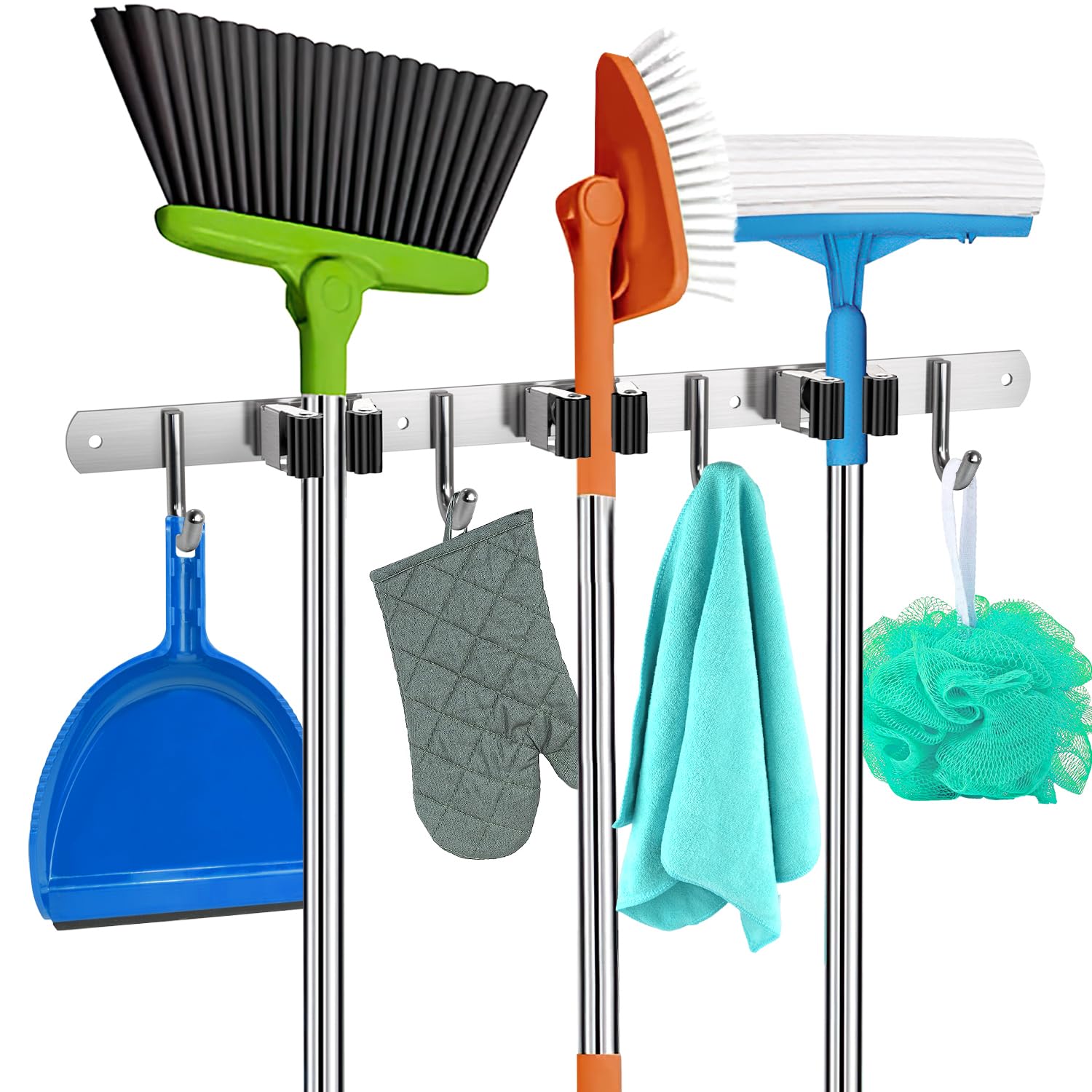 Homely Center Mop and Broom Holder Wall Mount – Heavy-Duty Broom Closet Organizer for Garage, Kitchen, Laundry Organization – Broom and Mop Holder – Tool Hanger with 3 broom racks and 4 broom hooks 1 Pack 16" Broom Holder