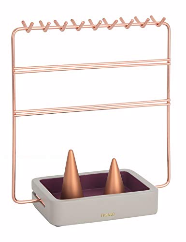 Book Cover Nakko Modern Jewelry Organizer | Gold Metal 3 Tier Necklace and Earring Display Rack with Ring Holder (Rose Gold + Gray)