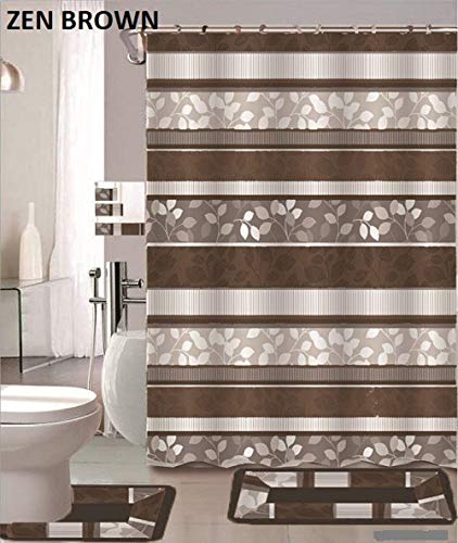WPM WORLD PRODUCTS MART Zen 18-Piece Bathroom Set: 2-Rugs/mats, 1-Fabric Shower Curtain, 12-Fabric Covered Rings, 3-pc. Decorative Towel Set (Brown)