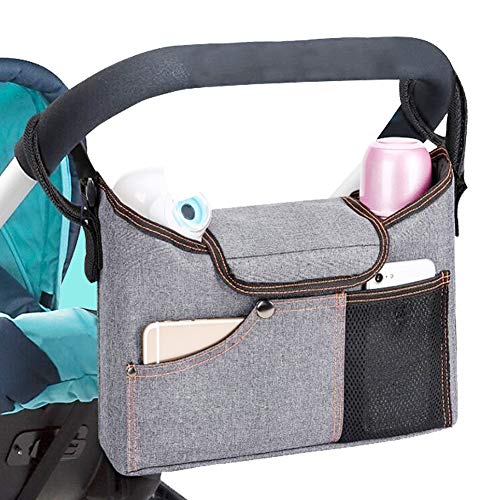 Universal Stroller Organizer Bag w/ 2 Deep Cup Holders Extra-Large Storage Space for Phones, Wallets, Diapers, Toys, Baby Accessories-Fit All Stroller Models and pet Strollers (Grey)