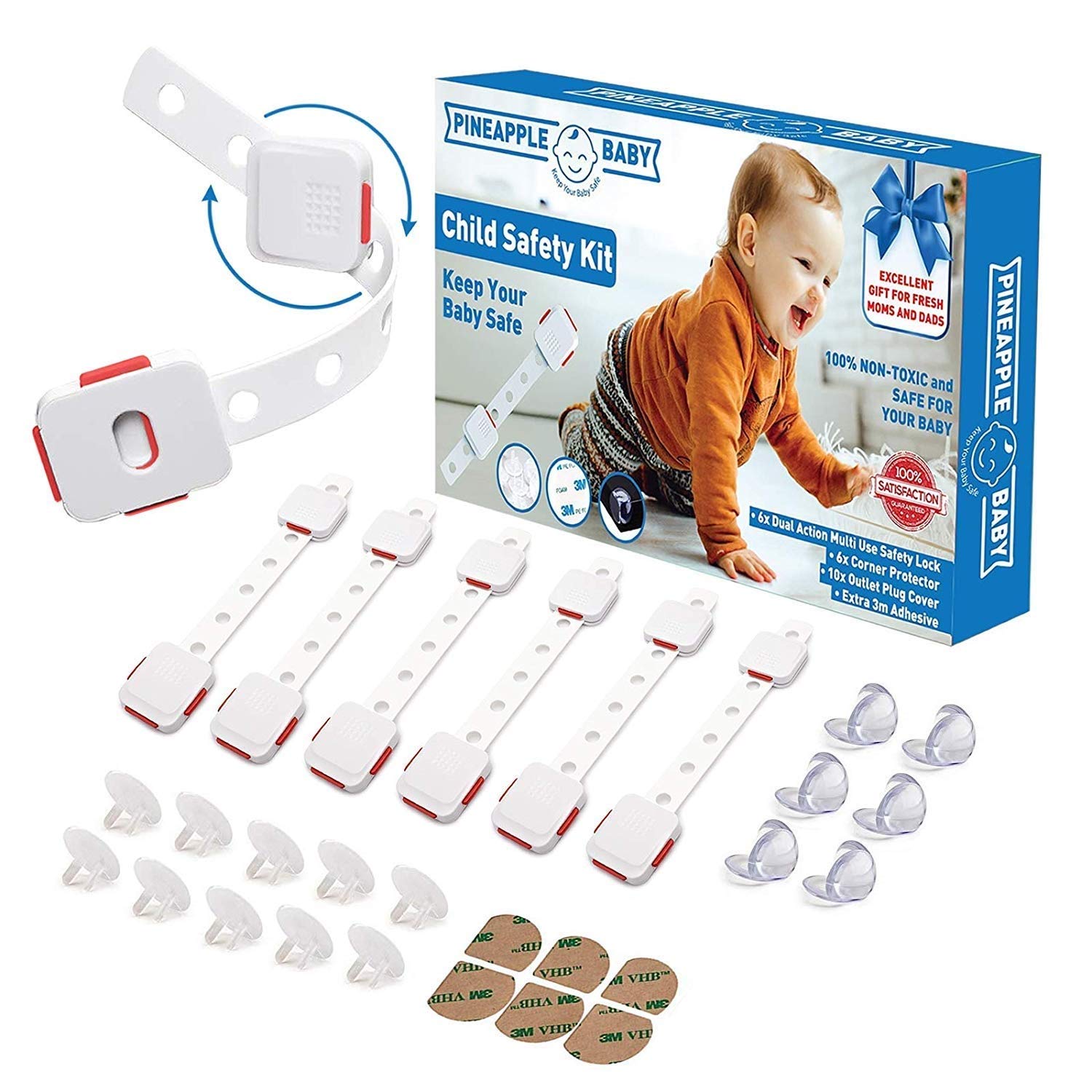 Cabinet Locks Child Safety and Baby Proofing Kit - 6pcs Dual Action Multi Use Latches - 6pcs Plug Covers - 6pcs Corner Protectors - 6pcs Extra 3M Adhesives - Baby Registry Gift