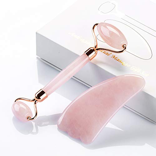 Jade Roller for Face, YINLEE Gua Sha Facial Tool, Rose Quartz Face Massager Set, Scraping Tools for Slimming, Firming, Anti Aging, Removes Wrinkles (Pink)