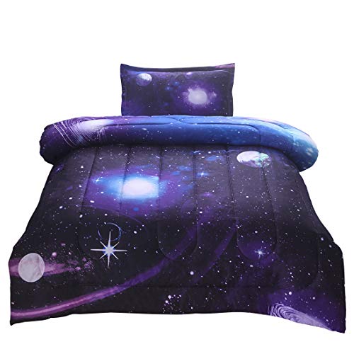 JQinHome Twin Galaxy Comforter Sets Blanket, 3D Outer Space Themed Bedding, All-Season Reversible Quilted Duvet, for Children Boy Girl Teen Kids - Includes 1 Comforter, 1 Pillow Sham (Purple)