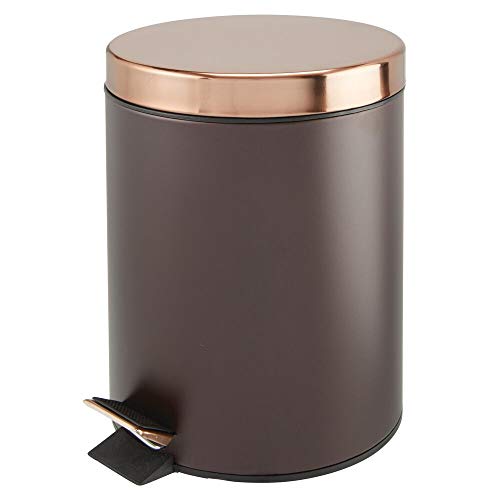 mDesign 5 Liter Round Small Metal Step Trash Can Wastebasket, Garbage Container Bin - for Bathroom, Powder Room, Bedroom, Kitchen, Craft Room, Office, Removable Liner Bucket - Bronze/Rose Gold