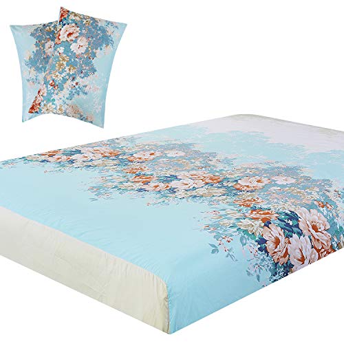 Book Cover Vaulia Lightweight Microfiber Sheets, Flower Printed Pattern, Blue Color Queen Size, 3-Piece Set (1 Fitted Sheet, 2 Pillowcases)