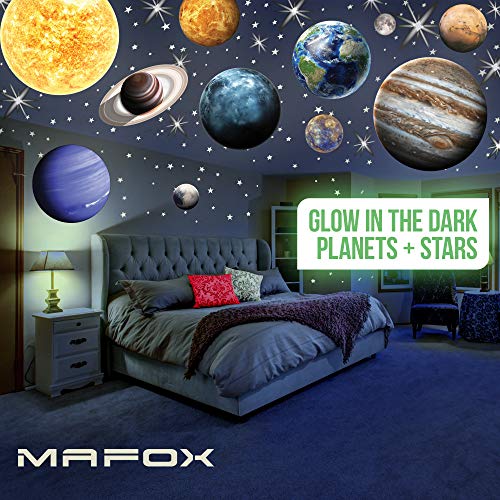 Book Cover MAFOX Glow in The Dark Planets, Bright Solar System Wall Stickers -Sun Earth Mars and so on,9 Glowing Ceiling Decals for Bedroom Living Room,Shining Space Decoration for Kids for Girls and Boys
