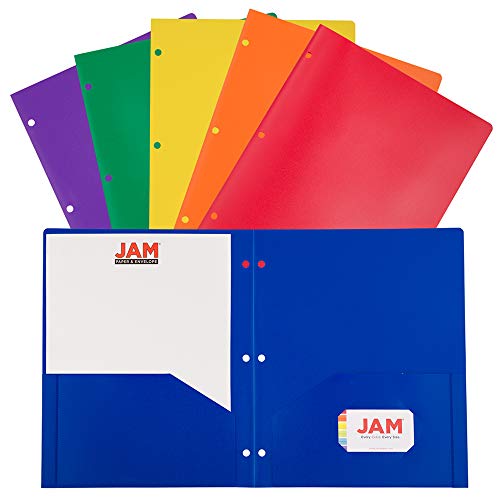 JAM PAPER Plastic 2 Pocket School POP Folders with 3 Hole Punch - Assorted Primary Colors - 6/Pack