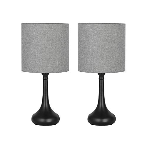 HAITRAL Bedside Table Lamps - Modern Desk Lamps Set of 2 for Bedroom, Office, College Dorm with Metal Base & Fabric Lamp Shade HT-BTL09-15X2 - Gray