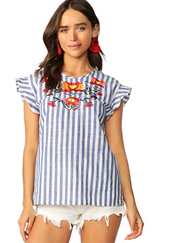 Floerns Women's Striped Ruffle Sleeve Floral Embroideried Print Blouse Top