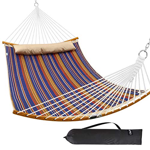 Ohuhu Double Hammock Quilted Fabric Swing with Strong Curved-Bar Bamboo & Detachable Pillow, 55"x75" Large Hammocks with Carrying Bag (Brown & Blue Stripe)