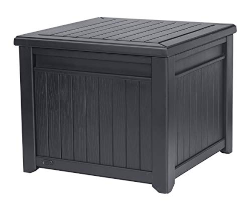Keter 55 Gallon Resin Wood Look Outdoor Deck Box Table in One with Patio Furniture Cushion Storage, Grey