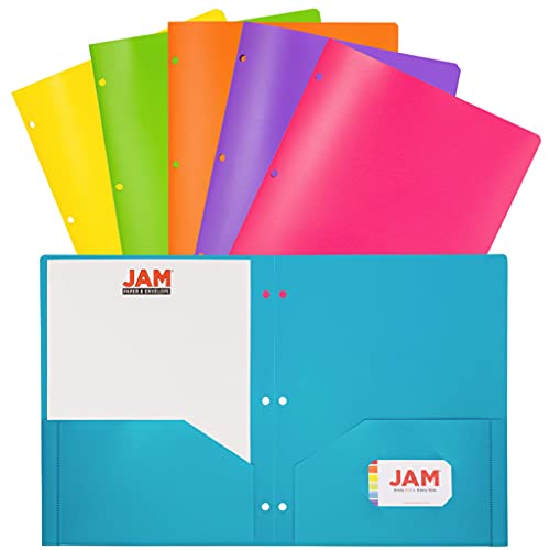 JAM PAPER Plastic Color POP Folders - 2 Pocket Durable Folders with 3 Hole Punch - Assorted Fashion Colors - 6/Pack