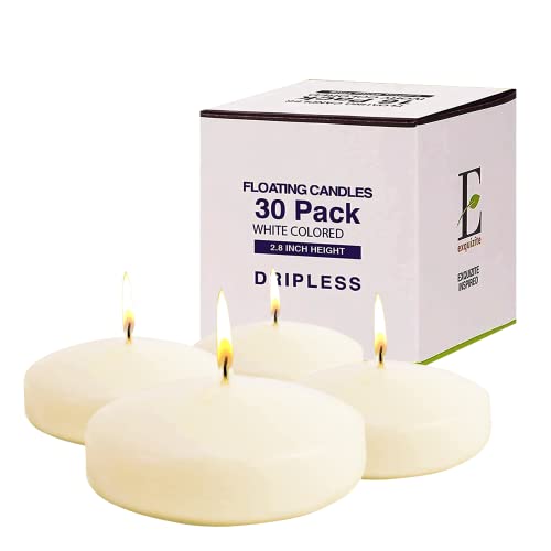 Exquizite Floating Candles for Centerpieces – Pack of 30 Ivory Unscented Long Burning (8 hrs) Discs - 3 in. Diameter – for Weddings, Events, Dinners, Christmas, Holiday, Home and Special Occasions
