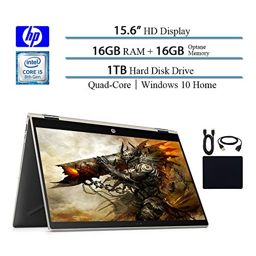 HP Pavilion 2019 Premium X360 2-in-1 Convertible 15.6" HD IPS Micro-Edge Touchscreen Laptop, Intel 4-Core i5-8250U(>i7-7500U), 16GB RAM, 1TB HDD, 16GB Intel Optane, Win 10, Gold w/ HESVAP Accessories