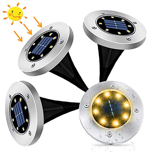 Solar Garden Lights, LED Solar Powered Outdoor Ground Lights Waterproof Solar Disk Lights Automatic Sensor Stainless Steel, Solar Landscape Lights for Walkway Pathway Yard Lawn Path (4Pack Warm White)