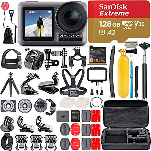 2019 DJI Osmo Action Camera with 2 Screens, 4K HDR Video, 11m(36ft) Waterproof, comes 128GB Micro SD, Carrying Case, Floating Handle, Portable Handheld, 50 in 1 Combo, 1 Year Limited Warranty