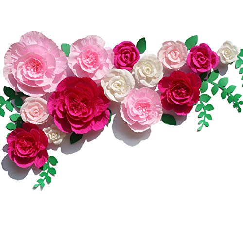 Letjolt Giant Crepe Paper Flowers Wedding Ornaments Backdrop Paper Peony Handcrafted Rose for Baby Shower Birthday Bridal Shower (Rose Pink White 14Pcs)