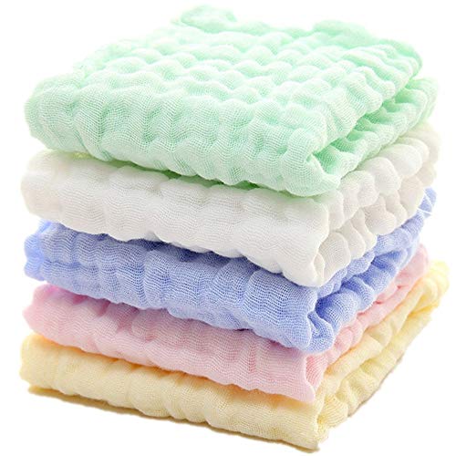 Enteer Baby Muslin Washcloths(12x12 Inches,5 Colors), 100% Natural Cotton Baby Wipes, Newborn Baby as Shower Gift Face Towel and Muslin Washcloth for Sensitive Skin 5 Colors