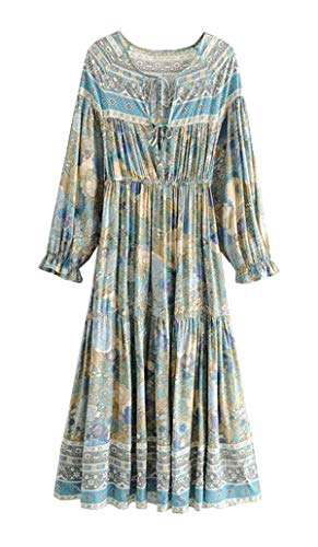 R.Vivimos Women's Cotton Long Sleeve Ruffles V Neck Front Lace Up Floral Print Midi Dress