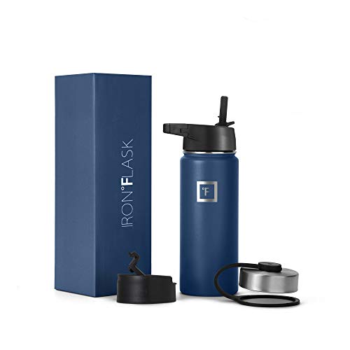 Iron Flask Sports Water Bottle - 18 Oz, 3 Lids (Straw Lid), Vacuum Insulated Stainless Steel, Hot Cold, Modern Double Walled, Simple Thermo Mug, Hydro Metal Canteen (Blue)