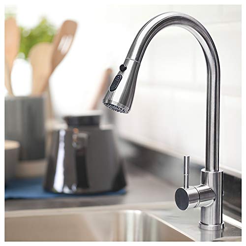 Modern Commercial Single Level Pause Button Pull Out Stainless Steel Sprayer Brushed Nickel Kitchen Faucet-Curve