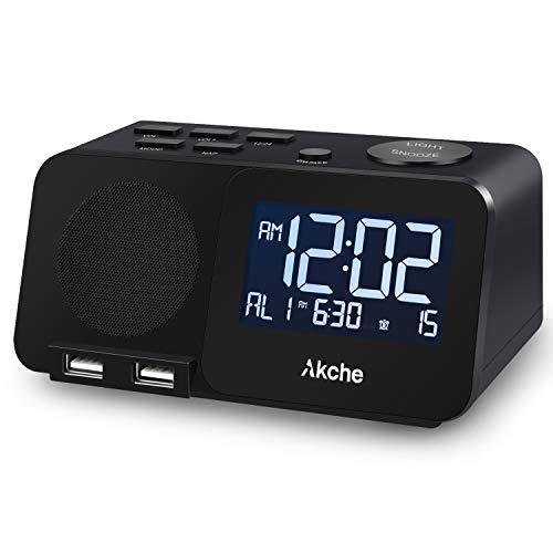 Akche Alarm Clocks for Bedrooms Night Light Digital Alarm Clock with FM Radio,Adjustable Volume,Dimmers with Three-Level Intensity, Two USB Charging Port,Two Alarm Setting ,White Digital Display
