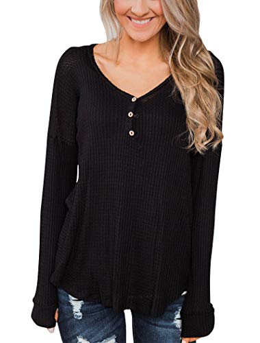 Minthunter Women's Long Sleeve Henley T-Shirt Casual Tops with Buttons V Neck Tunics