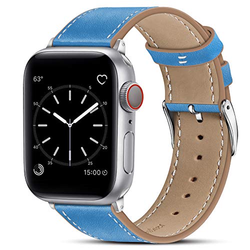 Marge Plus Compatible with Apple Watch Band 44mm 42mm 40mm 38mm, Genuine Leather Replacement Band for iWatch Series 6 5 4 3 2 1, SE (Azure Blue/Silver, 40mm/38mm)