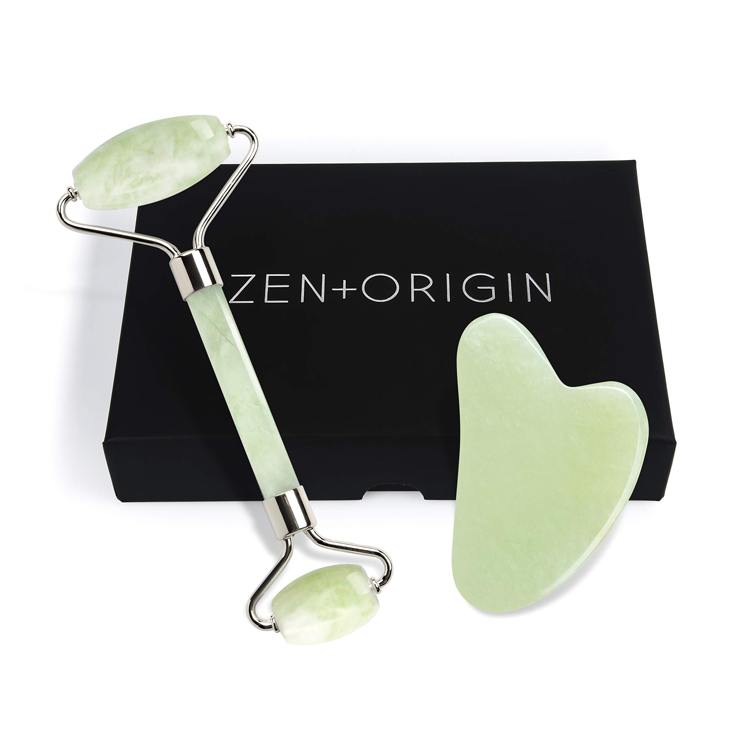 Jade Roller and Gua Sha Set - 100% Natural Jade Stone Face Roller, Dual Sided Massage Roller Stimulates Blood Flow, Relieves Stress, Reduces Signs of Aging, Travel Pouch Included, Gift Box Jade - Silver