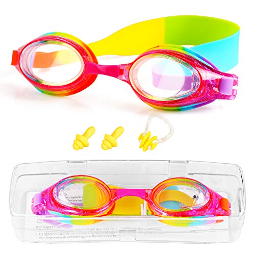 VIPITH Kids Swim Goggles, Swimming Goggles with Nose Clip and Ear Plugs, No Leaking Anti Fog UV Protection with Protection Case, for Kids