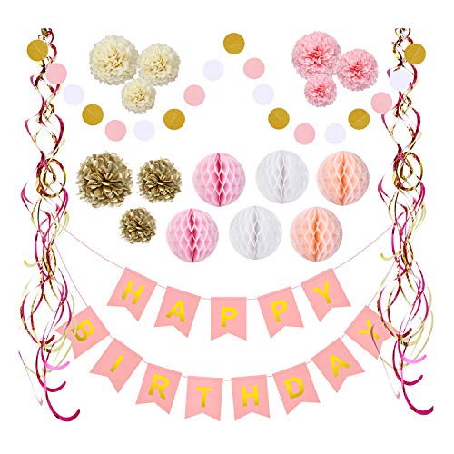 Colorful Happy Birthday Supplies, Birthday Decoration Set, Pink and Gold Happy Birthday Decorations for Girls, Happy Birthday Banner, Hanging Swirls, Paper Garland flowers and Honeycomb Balls
