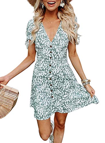 BTFBM Women Summer Printed V Neck Button Down Casual Party Short Dress with Tie Sleeve