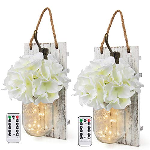 Book Cover Rustic Wall Sconces Mason Jars Sconces with Remote Control LED Fairy Lights, Farmhouse Decor for Living Room Wall Decor of Bronze Retro Hooks, Silk Hydrangea Design for Home Decoration Set of Two