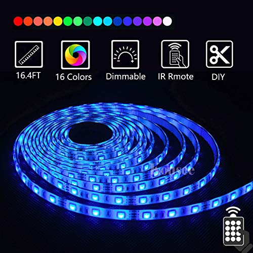 LED Strip Lights, Waterproof 16.4ft RGB SMD 5050 LED Rope Lighting Color Changing Full Kit with 44-Keys IR Remote Controller & Power Supply for Home Kitchen Christmas Indoor Outdoor Decoration