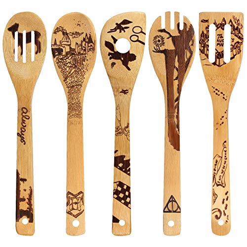 Burned Wooden Utensils Cooking Set Organic Bamboo Slotted Spoons Turners Carved Spatulas for Cookware Kitchen Gadgets