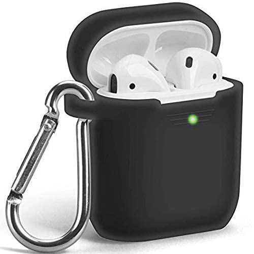 AirPods Case, GMYLE Silicone Protective Shockproof Wireless Charging Airpods Earbuds Case Cover Skin with Keychain Set Compatible for Apple AirPods 2 & 1 – Transparent Black [Front LED Visible]