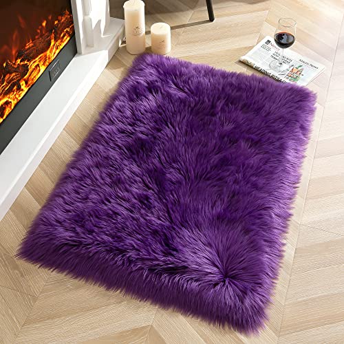 Book Cover YJ.GWL Luxury Faux Sheepskin Fur Area Rug Soft Fluffy Rugs, Shag Plush Carpet Faux Fur Rug for Bedroom Floor Sofa Living Room, 2 x 3 Feet Rectangle Purple