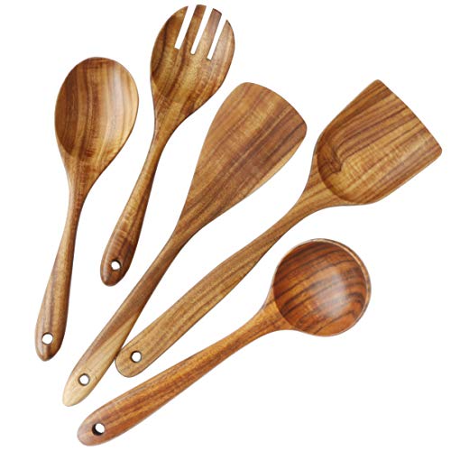 Wooden Utensils Set for Kitchen, ADLORYEA Wood Cooking Spoons Tools for Nonstick Cookware, 100% Handmade by Natural Teak Wood Without Any Painting