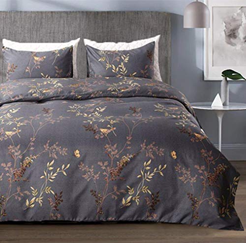 Tebery Ultra Soft Microfiber Duvet Cover Set with Zipper Closure Charcoal Grey and Gold Tree Pattern (King)
