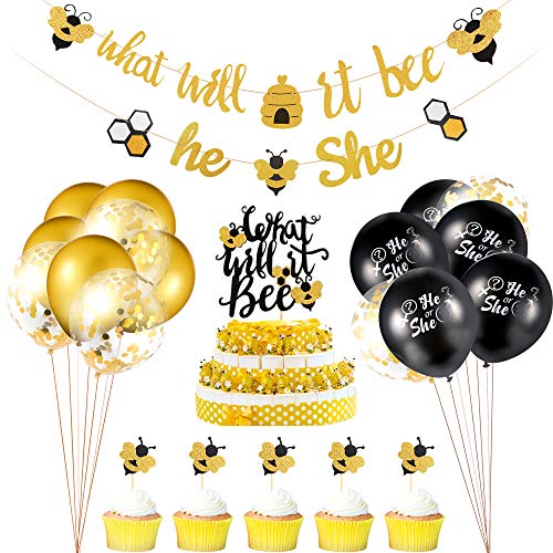 23 Pieces Gender Reveal Party Decorations Set, What Will it Bee Banner He or She Banner Confetti Latex Balloons and Bee Cake Topper for Party Supplies