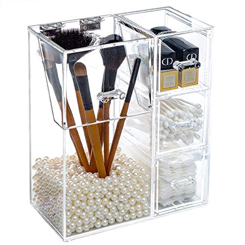 Yoelrsa Cosmetic Brush Holder with Free Pearl, Transparent Acrylic Makeup Box with Dustproof Cover