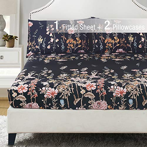 Book Cover YEPINS Microfiber Fitted Sheet(No Flat Sheet), 3 Piece (1 Fitted Sheet and 2 Pillowcases), Print Floral/Branch Pattern Design, Black Background- King Size