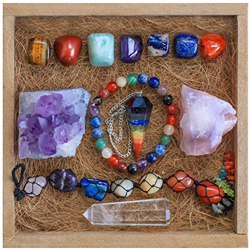 Healing Crystals and Stones Meditation Set - with 7 Tumbled Chakra Crystals - Crystals and Healing Stones - Includes Bonus Amethyst Cluster, Pendulum, Car Mirror Accessory & Chakra Bracelet