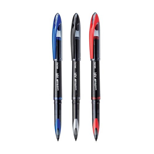 Uniball Air Micro UBA-188-M (0.5mm) Blue, Black and Red Ink color combo of 3 pcs, Roller-Ball Pen, Cap-Off Mechanism (Made In Japan)