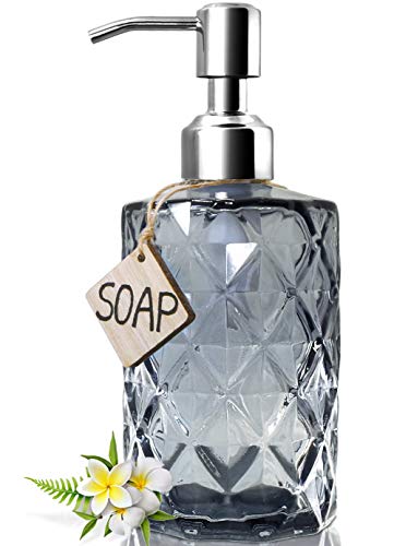 Book Cover JASAI Diamond Design Glass Soap Dispenser with 304 Rust Proof Stainless Steel Soap Pump, 12 Ounce Kitchen Soap Dispenser for Bathroom, Hand Soap, Dish Soap (Grey)