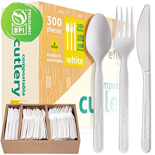 Disposable Silverware Set – BPI Certified Compostable Cutlery - Eco Friendly Alternative to Silverware And Traditional Plastic Utensils - Pack of 300 Incl Knives, Forks, Spoons And Storage Tray