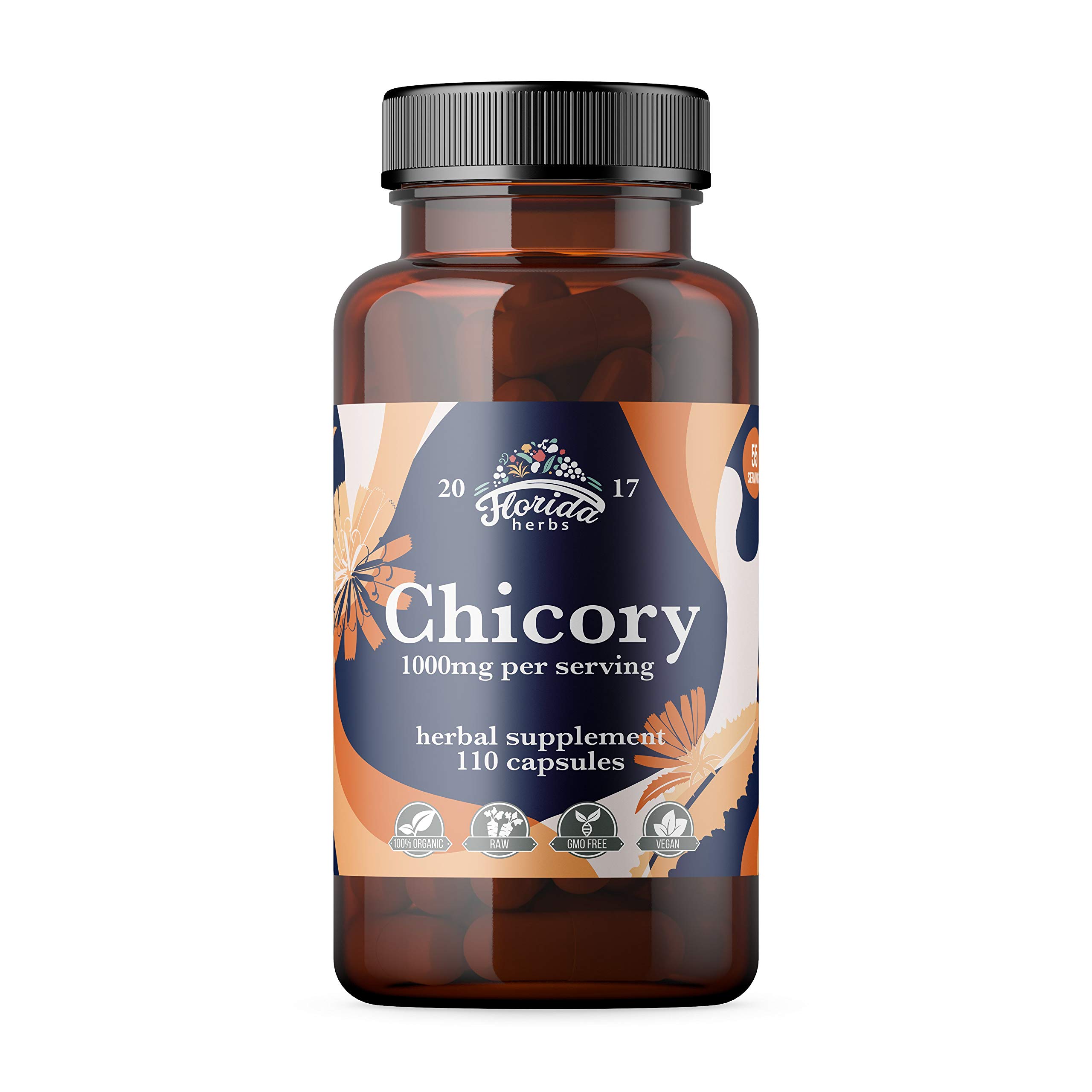 FLORIDA HERBS Chicory Root Fiber Supplement 1000 mg, Certified Organic Chicory Root Capsules (Cichorium Intybus), Inulin Supplement 110 Fiber Pills