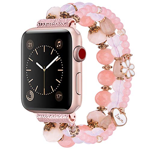 V-MORO Bracelet Compatible with Series 4 Apple Watch Bands 40mm 38mm Women Fashion Handmade Elastic Stretch Beads with Rose Gold Stainless Steel Adapters Strap for iWatch Series 3/2/1 38/40 Pink